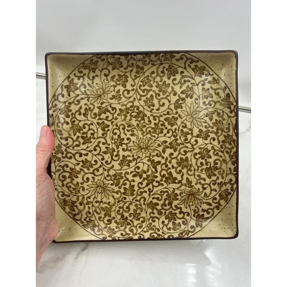 Sound Collection Japanese Ceramic Square Plate Brown Floral Vine Scroll 9.25in